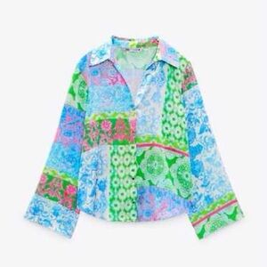 Zara long sleeve patchwork scarf print Floral button front Shirt resortwear